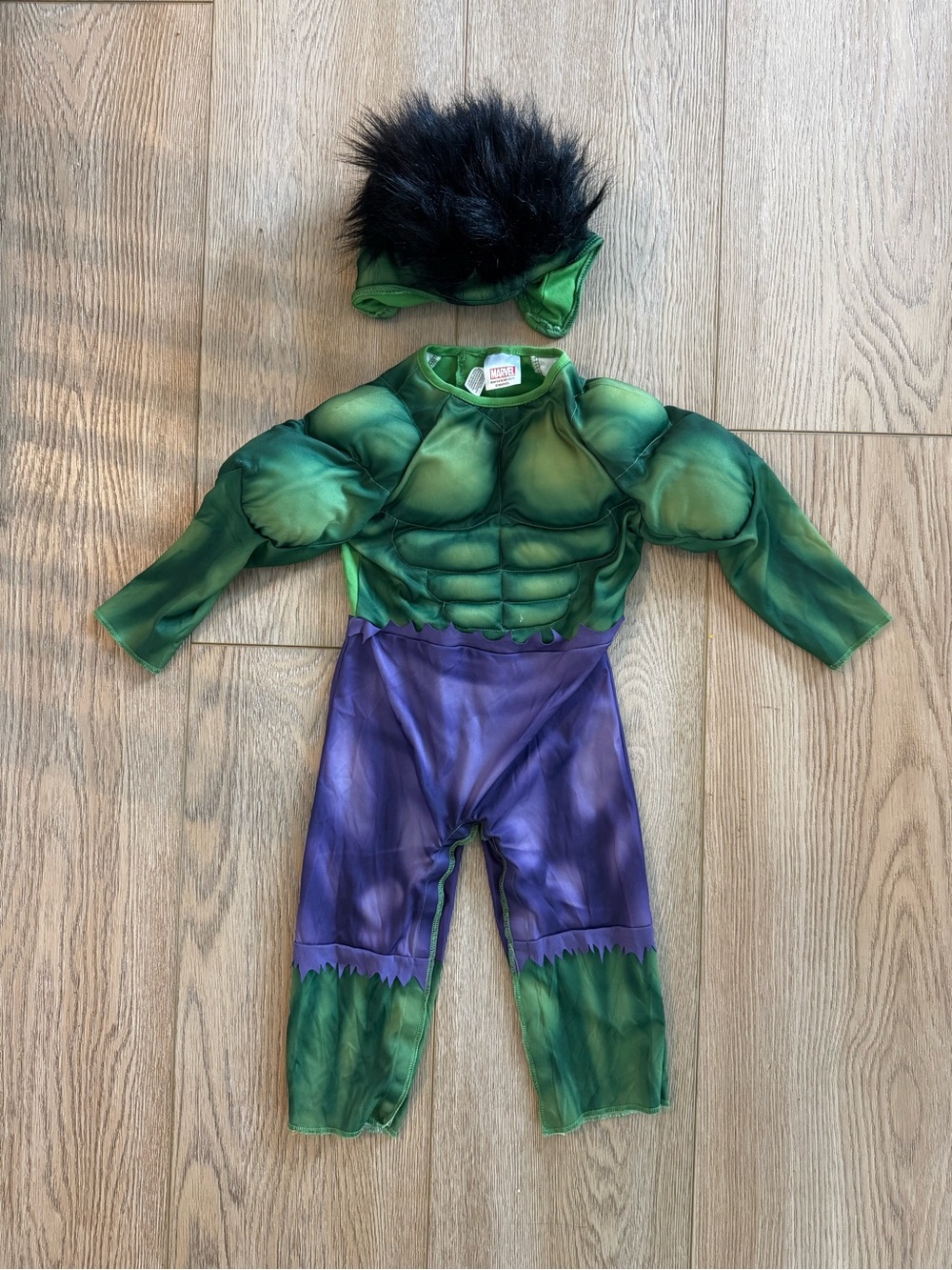 Marvel Green & Purple Hulk Muscle Kids Costume, Black Hairpiece size 12-18 month